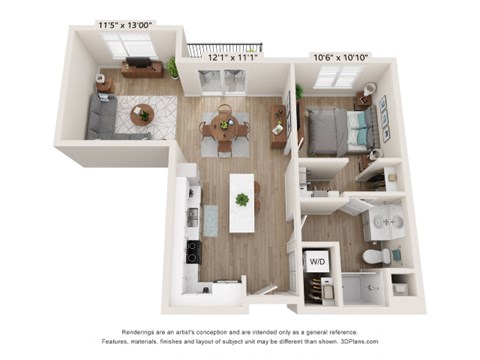 Floor plan for 1 bed, 1 bath, 808 sqft